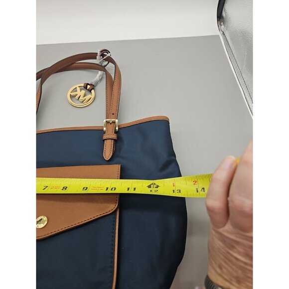 New MICHAEL KORS Jet Set Nylon Navy Blue Tote Bag Purse Leather Gold MK Logo - Picture 2 of 8